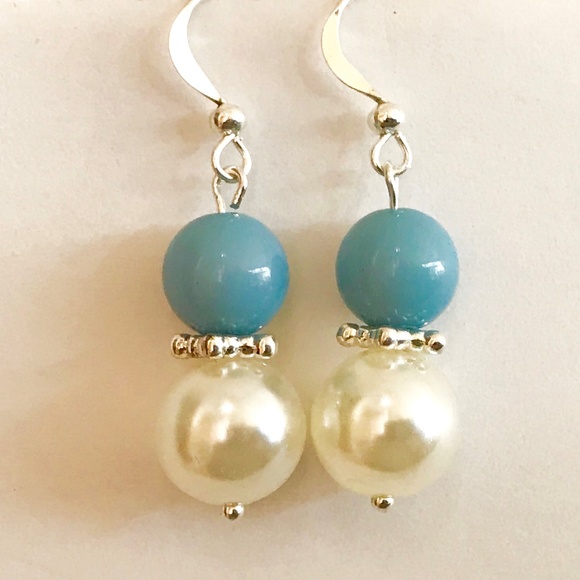 Silver Light Blue Bead Pearl Earrings Handmade - Picture 2 of 8